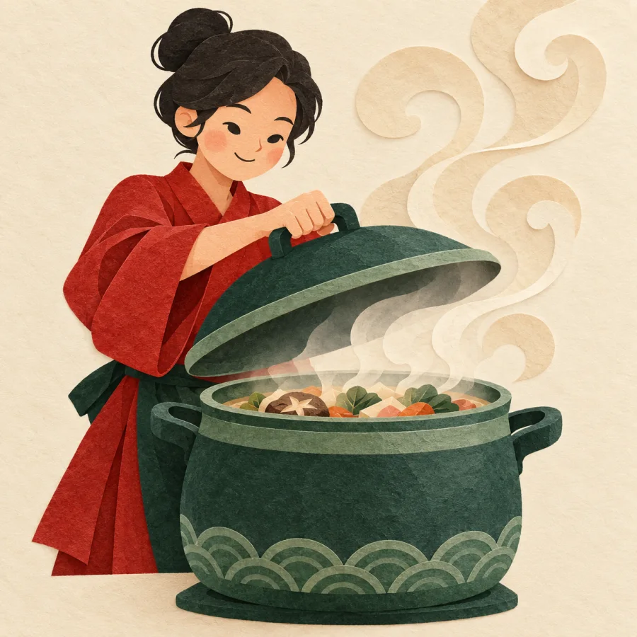 A person lifting a lid off a large steaming pot, steam swirling upward