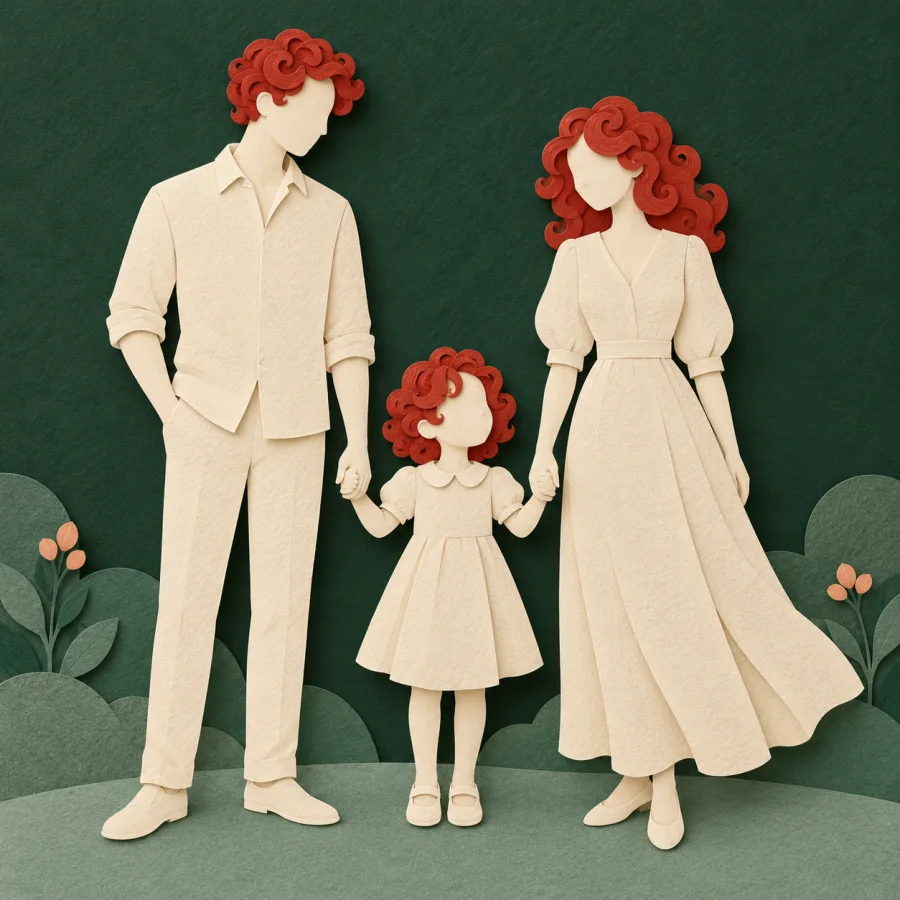 A child with the same curly hair as its parents