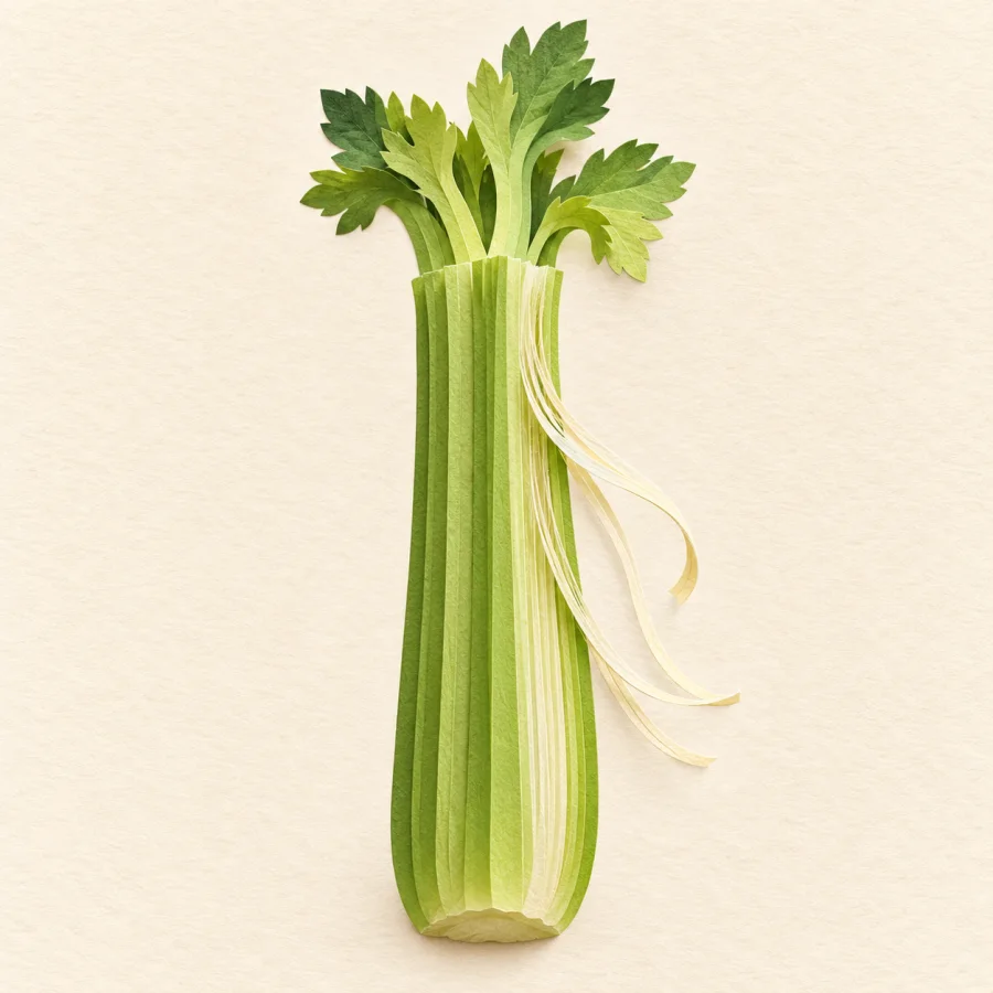 A celery stalk with thin fibrous threads peeling away