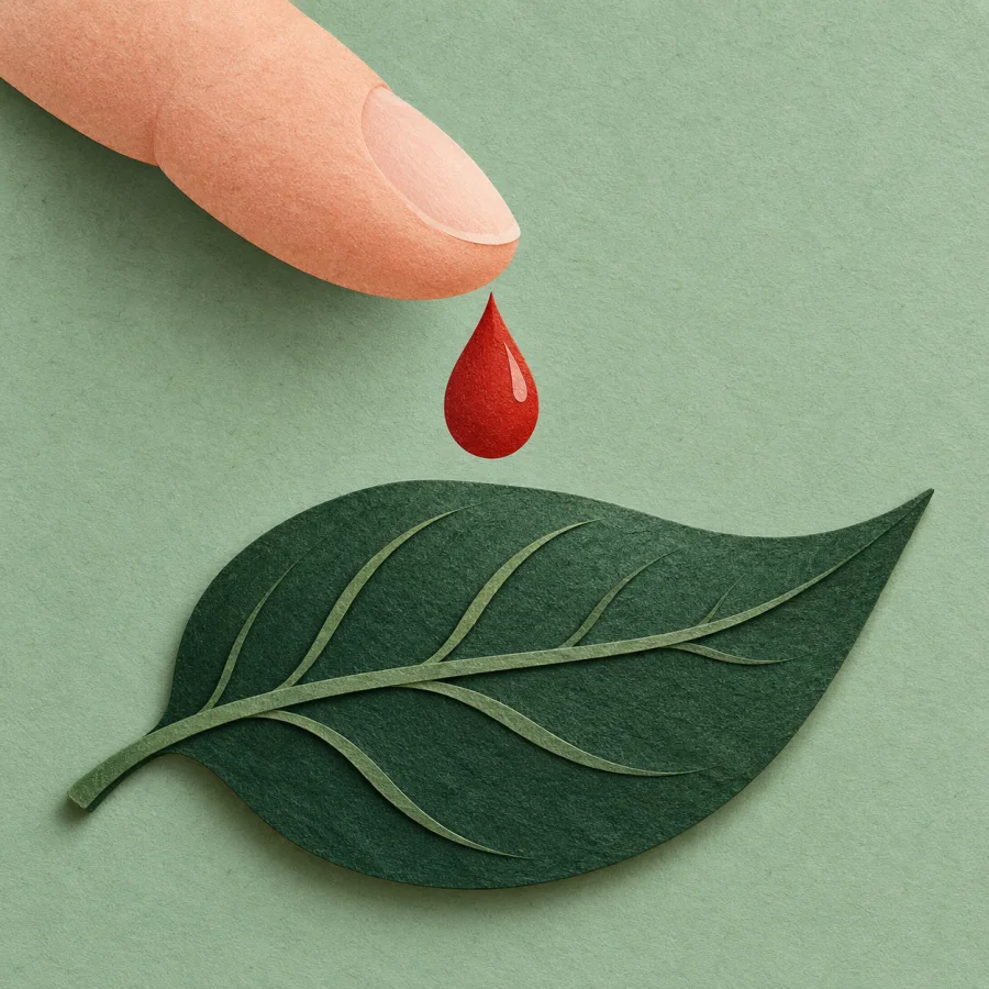 A drop of blood falling from a fingertip onto a leaf