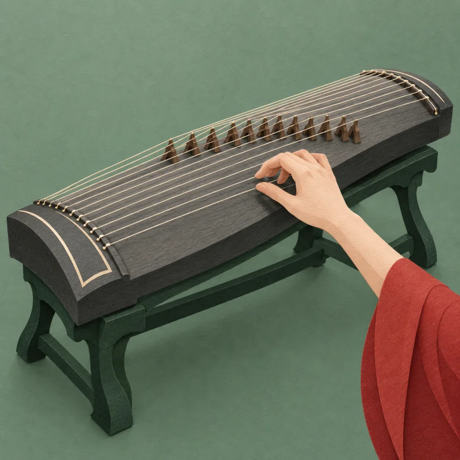 A hand touching the strings of a traditional instrument