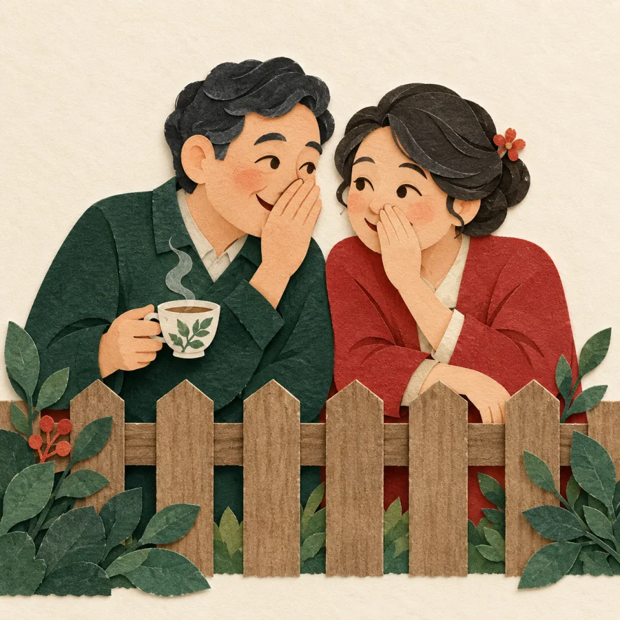 Two neighbours whispering to each other across a garden fence
