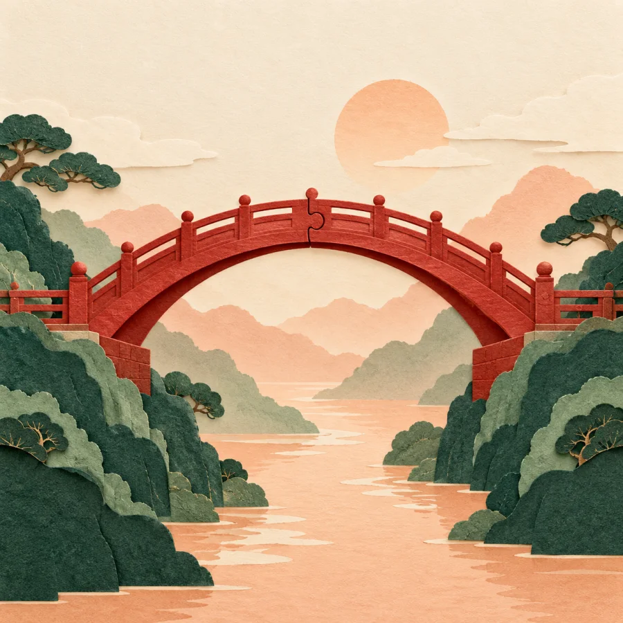 The two halves of a bridge meeting above a valley