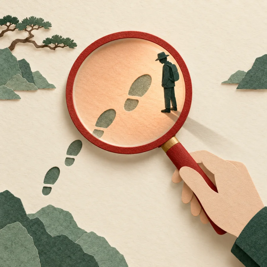 Someone examining footprints on the ground with a magnifying glass