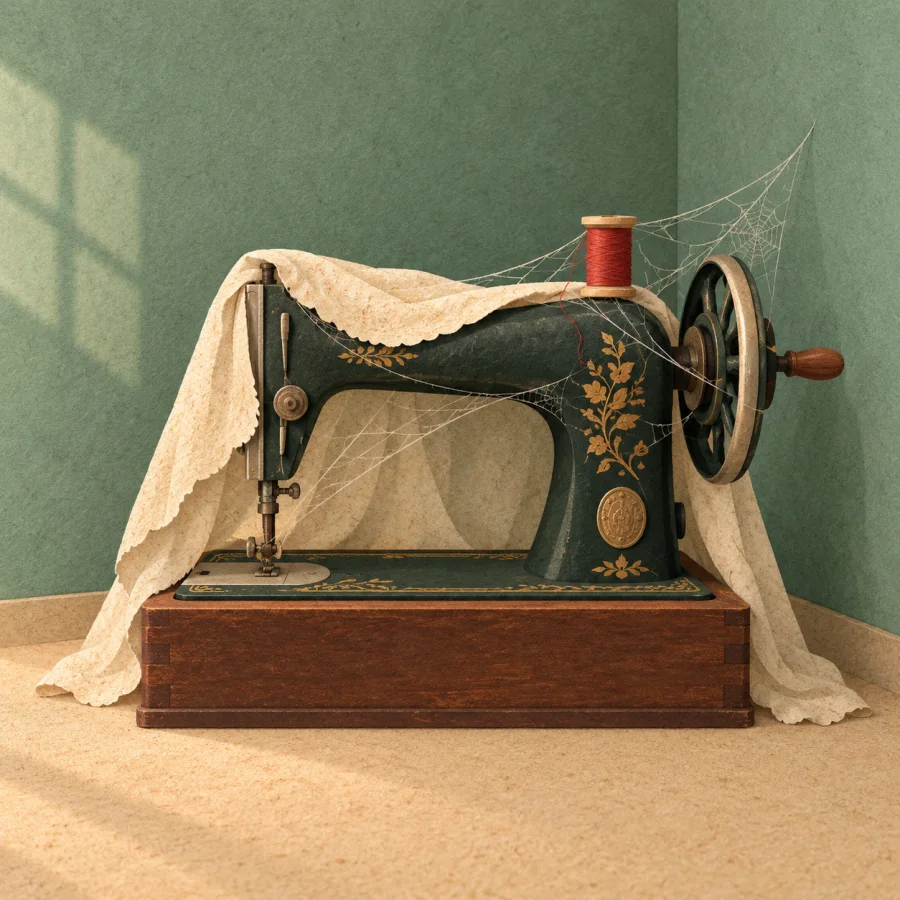A covered sewing machine standing idle in a corner