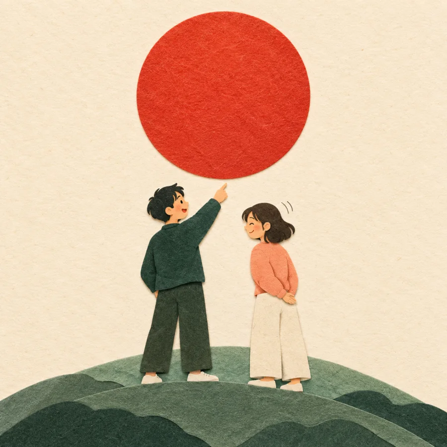 A person points at a huge sun as a companion nods