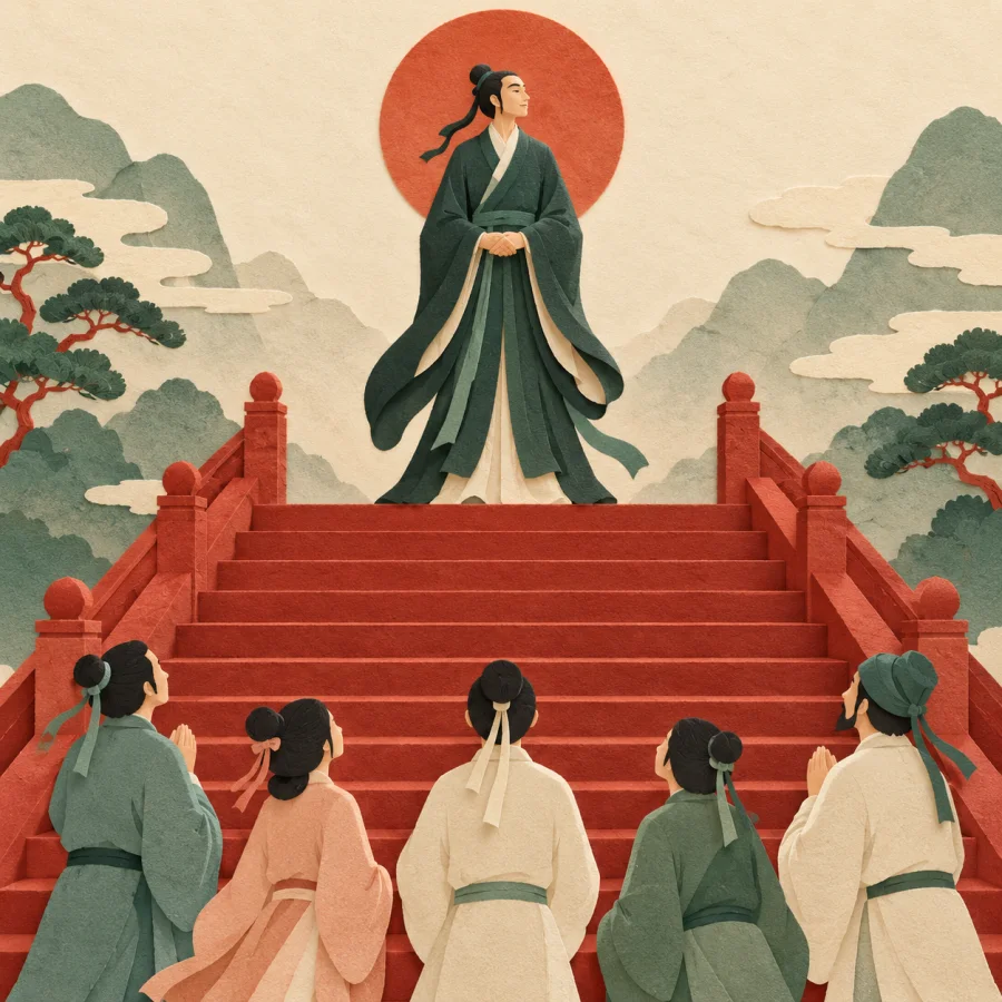 A distinguished figure on stairs admired by a small crowd