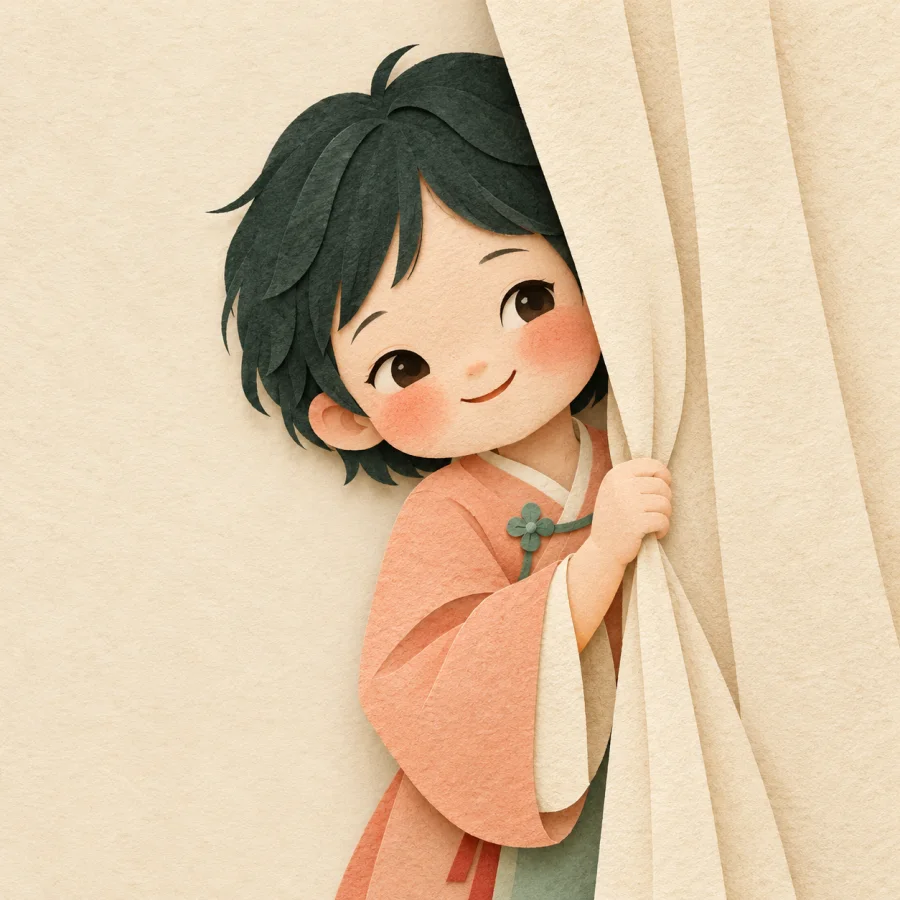 A child slides a curtain aside revealing a smiling face
