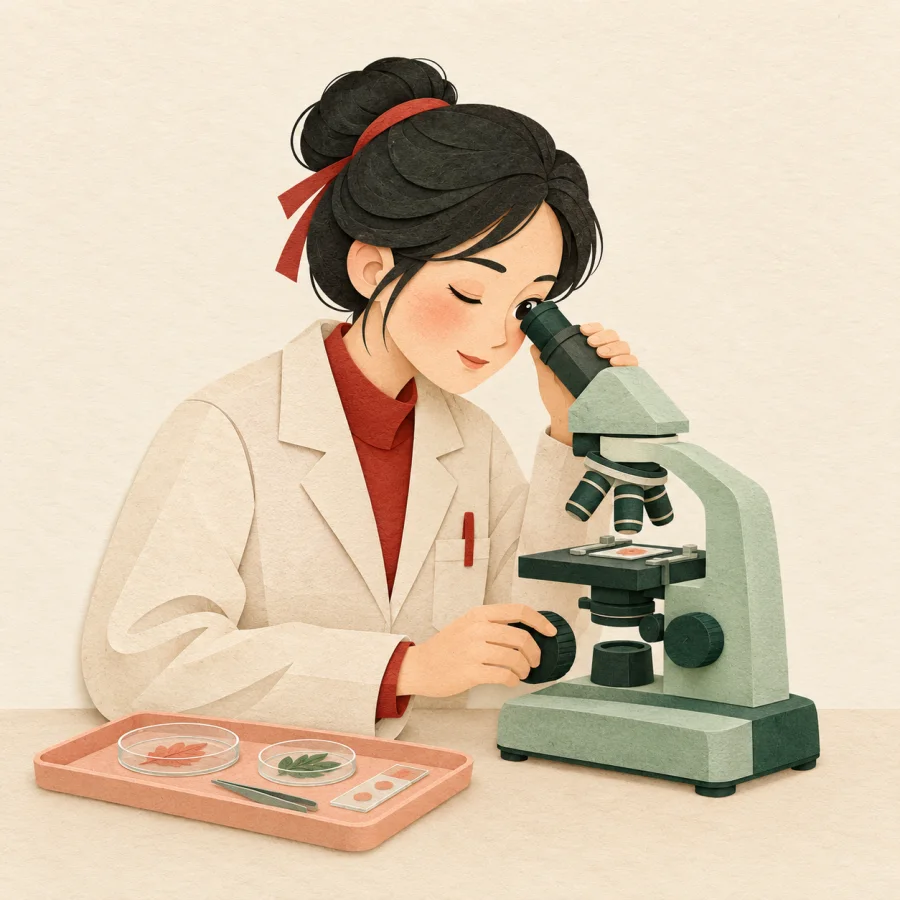 A researcher looks into a microscope beside a sample tray