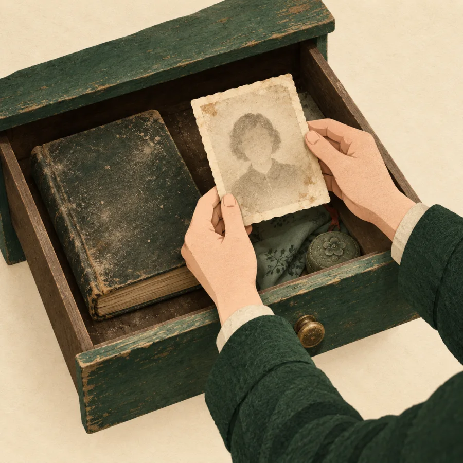 A person lifts a faded photograph from a dusty drawer