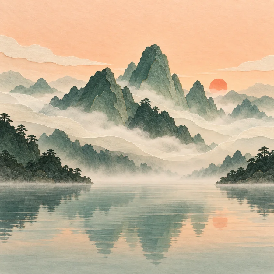 Mist over a lake clears to reveal mountain peaks