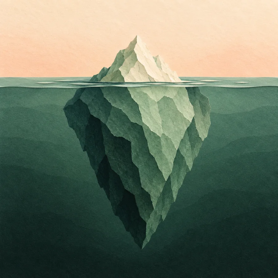 An iceberg with a small tip above water and a large mass below