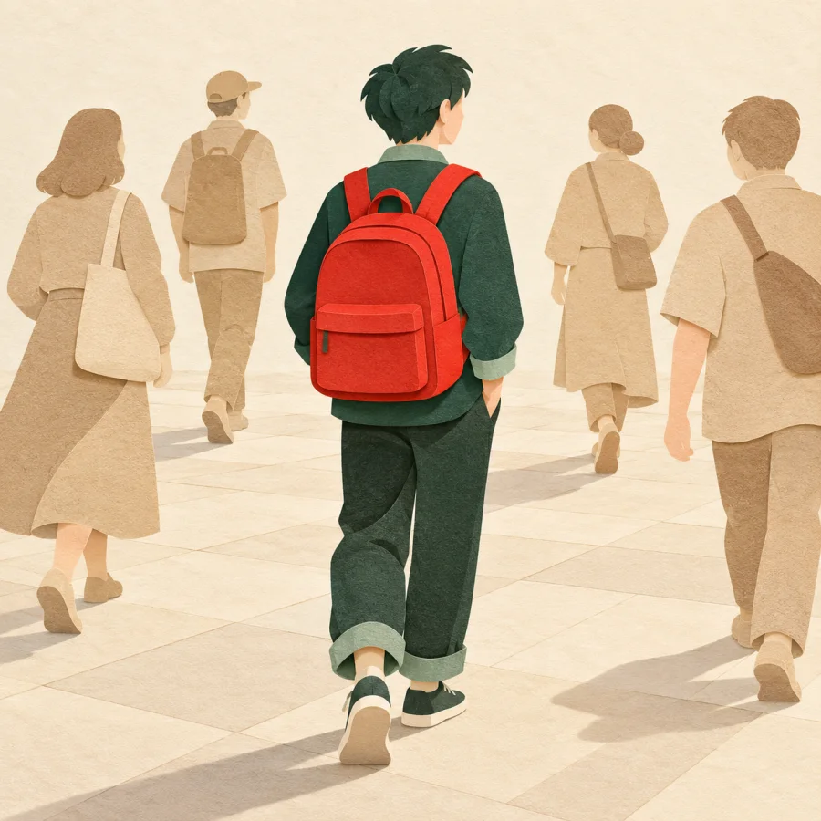 A person with a bright red backpack stands among pale figures