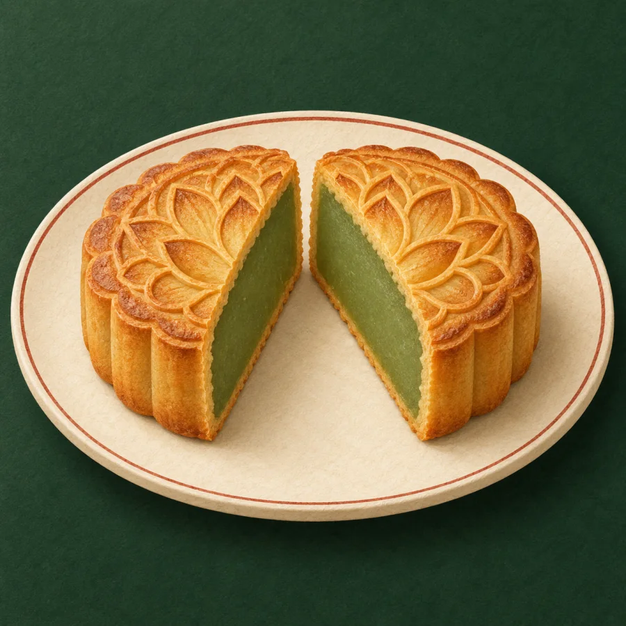 A cut mooncake on a cream plate showing green lotus filling