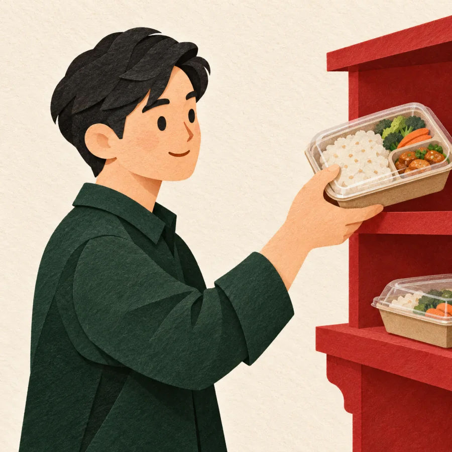 A customer picks a ready-made lunch box from a red shelf