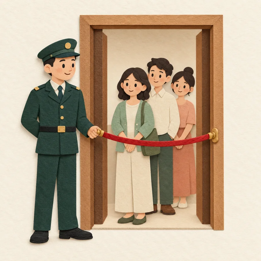 A guard holds a red rope across an entrance while people wait behind it