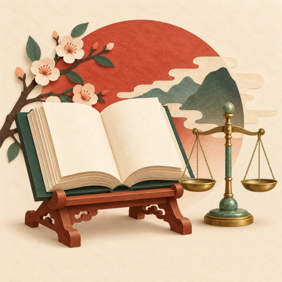 An open book on a stand beside balanced scales