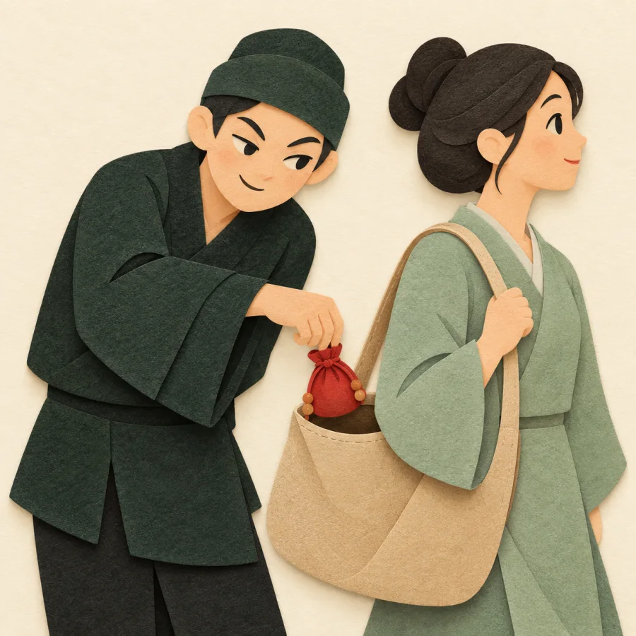 A figure secretly slipping a pouch into someone's bag