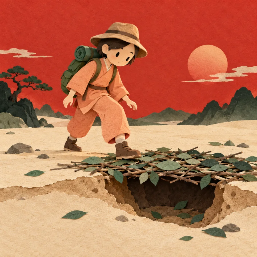 A traveller steps onto branches covering a hidden pit trap