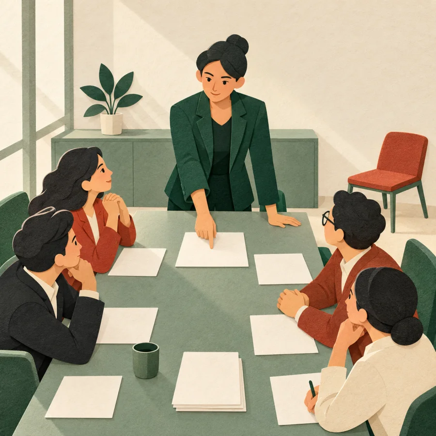 A current manager leads a meeting at a long table
