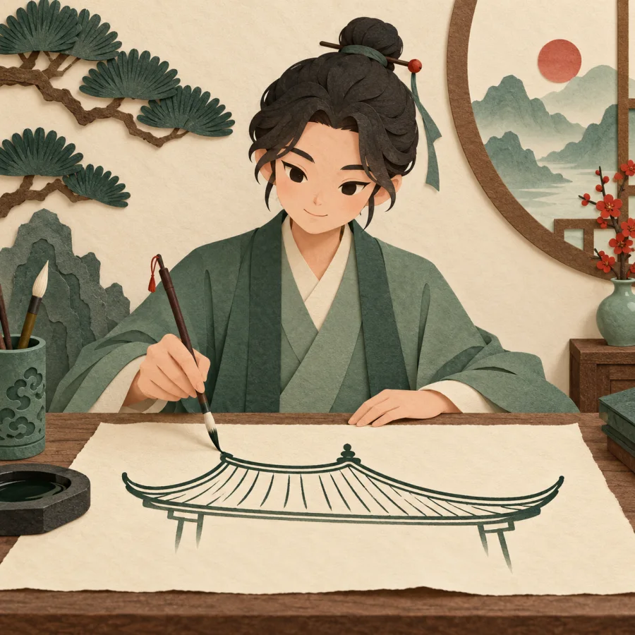 An artist draws elegant flowing lines on paper