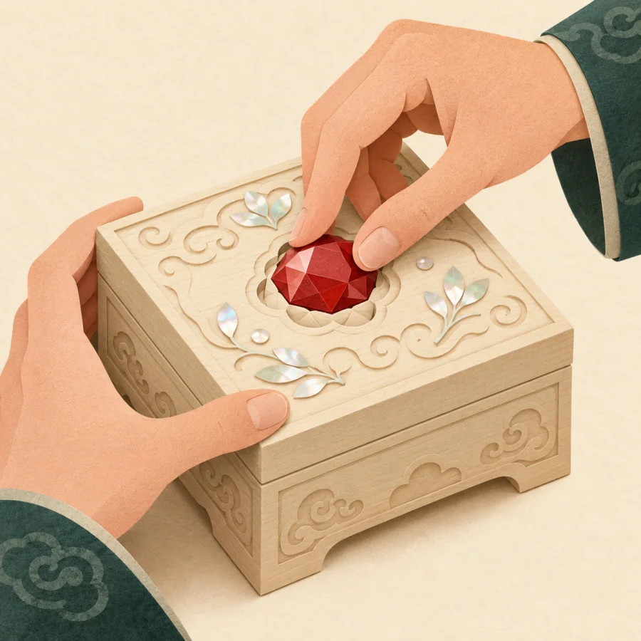 A craftsman sets a red gem into a wooden box