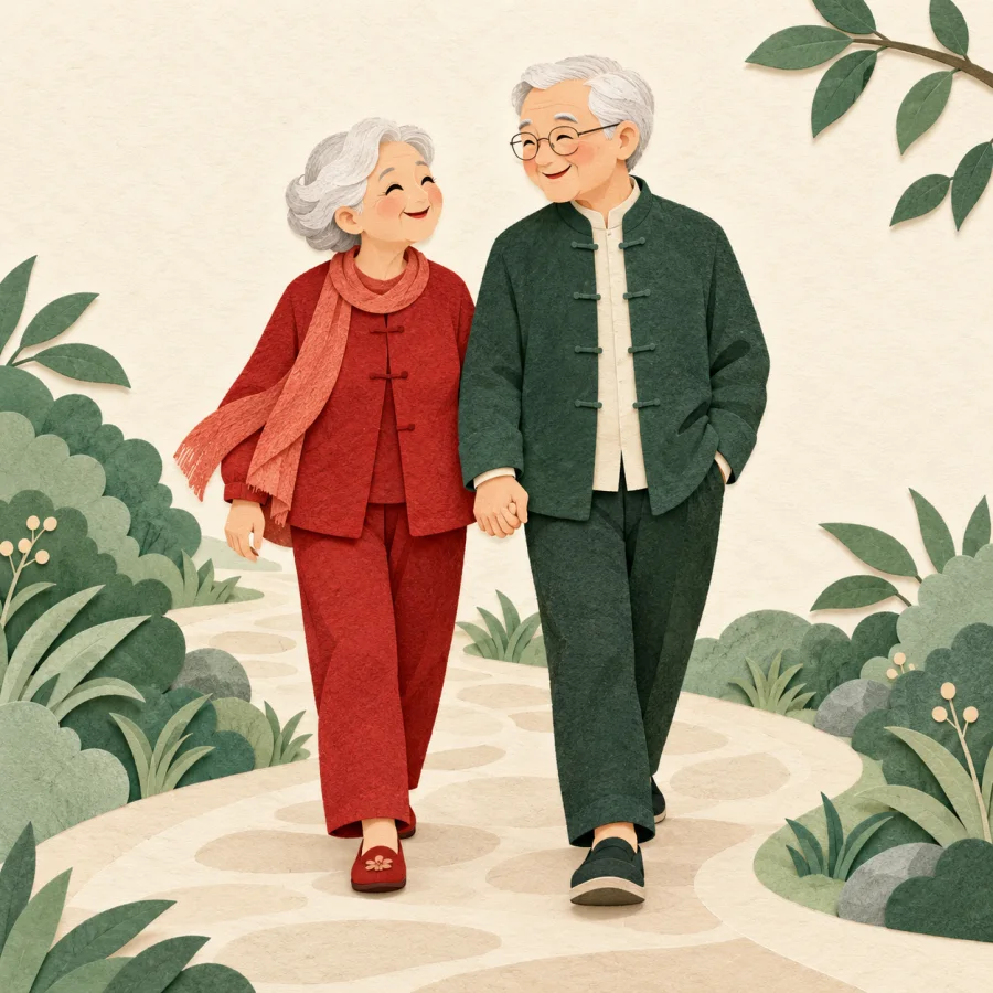 An elderly couple walk hand in hand along a winding garden path