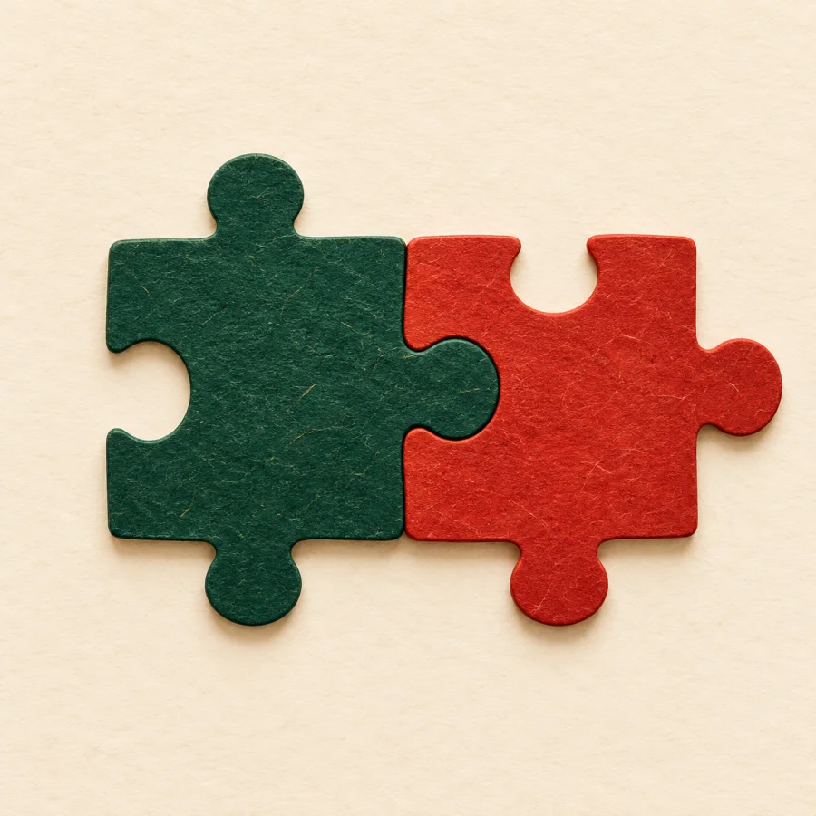 Two interlocking puzzle pieces fit together perfectly