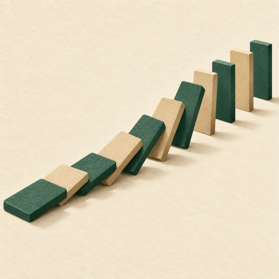 A row of domino tiles falls one after another