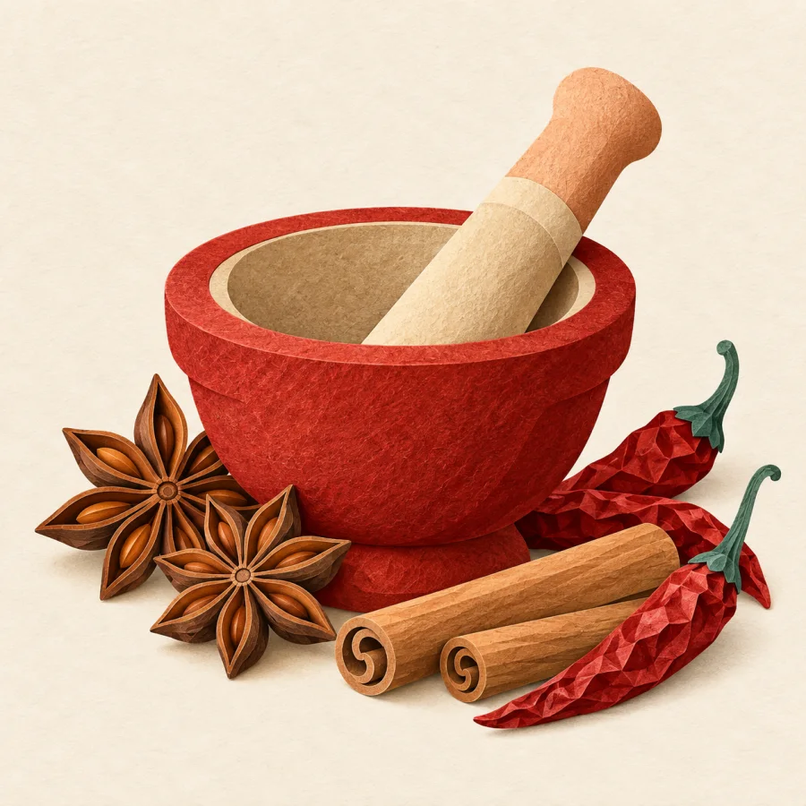 A mortar and pestle with star anise and cinnamon sticks
