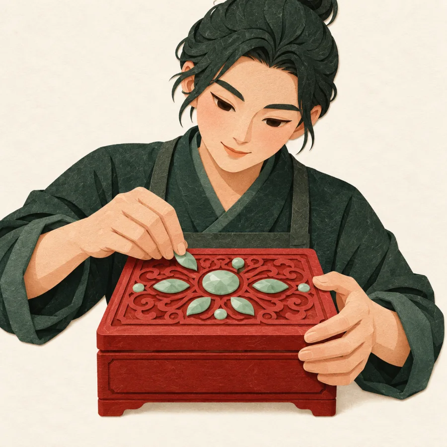 A craftsperson presses green stones into a box lid