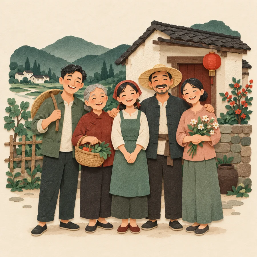 Smiling villagers stand together in front of a village house