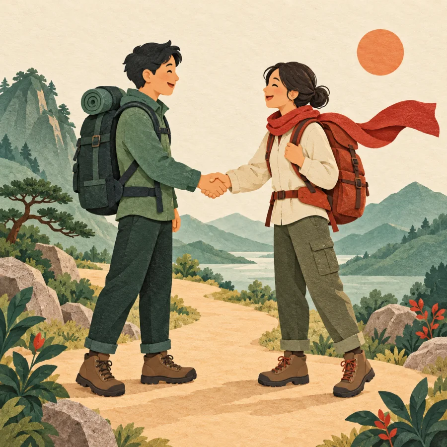 Two travelers shake hands for the first time on a path
