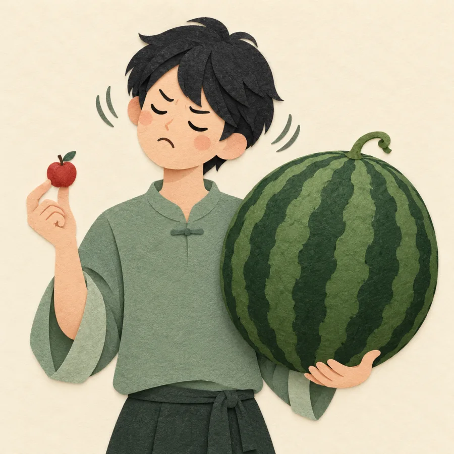 A person holds a tiny apple and a huge watermelon