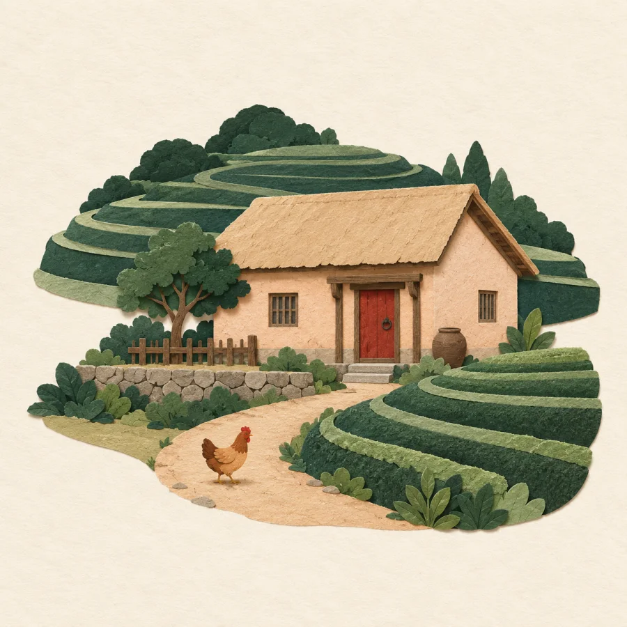 A farmhouse beside terraced fields with a hen on the path