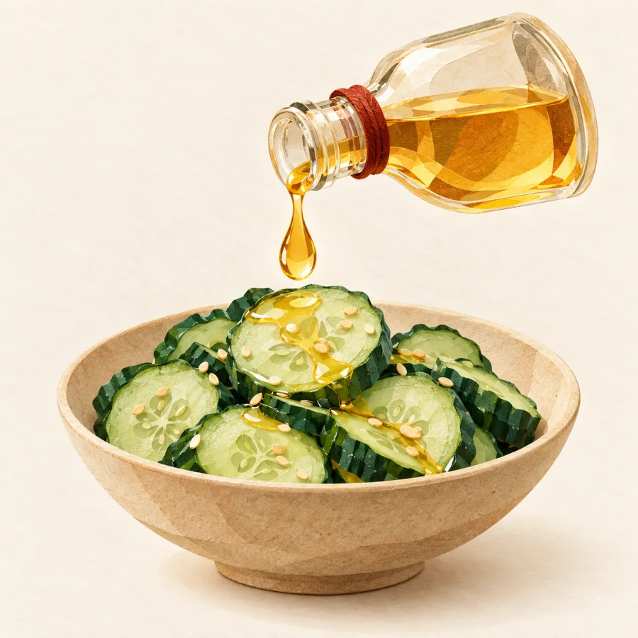 A drop of oil falls from a bottle onto a bowl of cucumbers