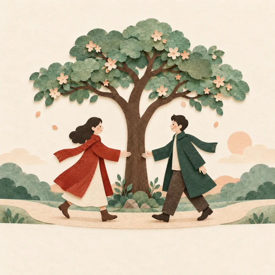 Two people walk toward each other and meet under a tree