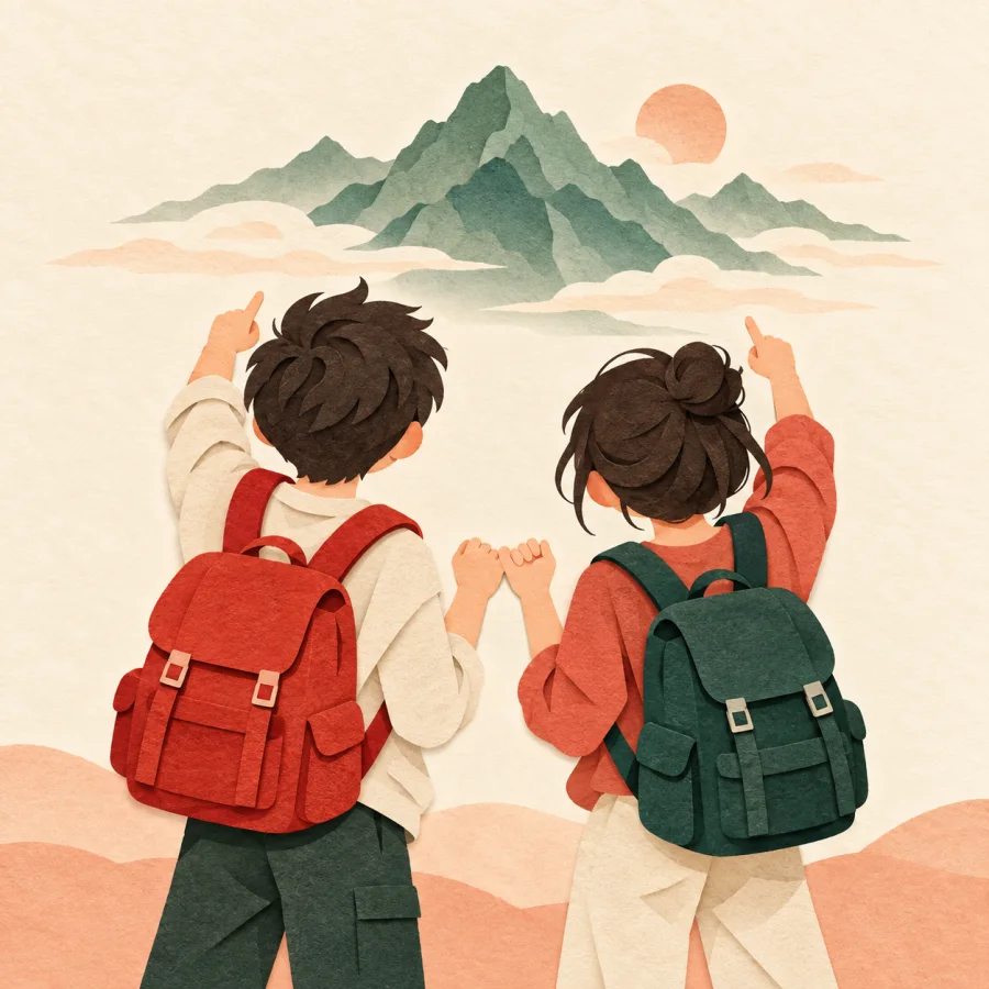 Two friends link little fingers and point at a mountain