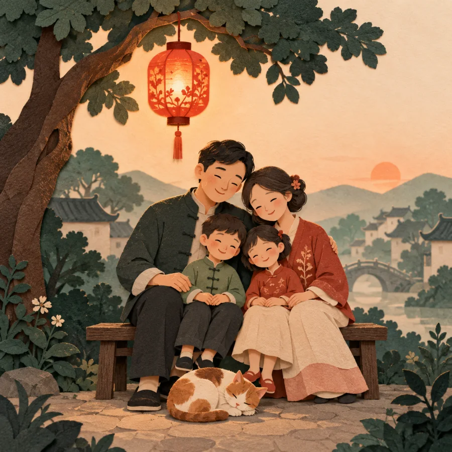 A family sits together under a red lantern on a calm evening