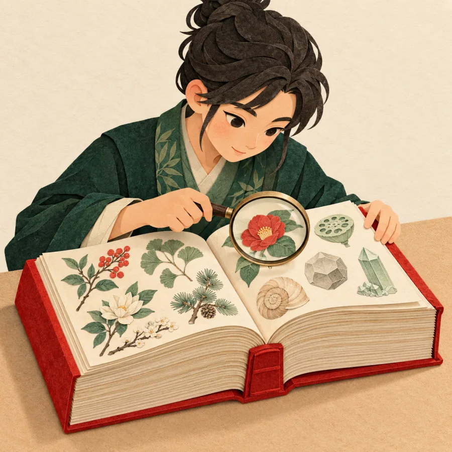 A person at a desk with a thick notebook and magnifying glass