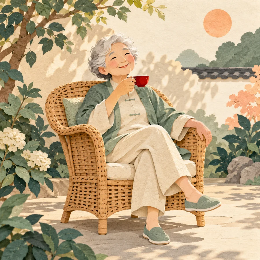 An elderly person relaxes in a wicker chair with tea