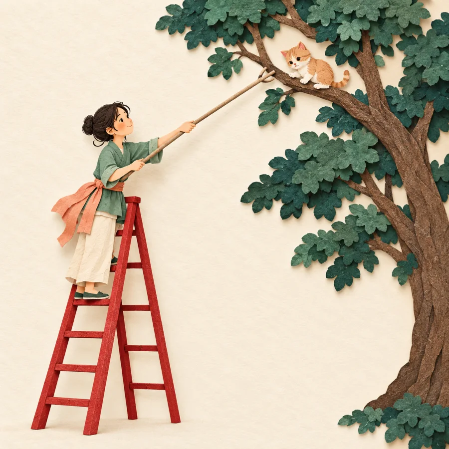 A person on a ladder reaches with a pole for a kitten on a branch