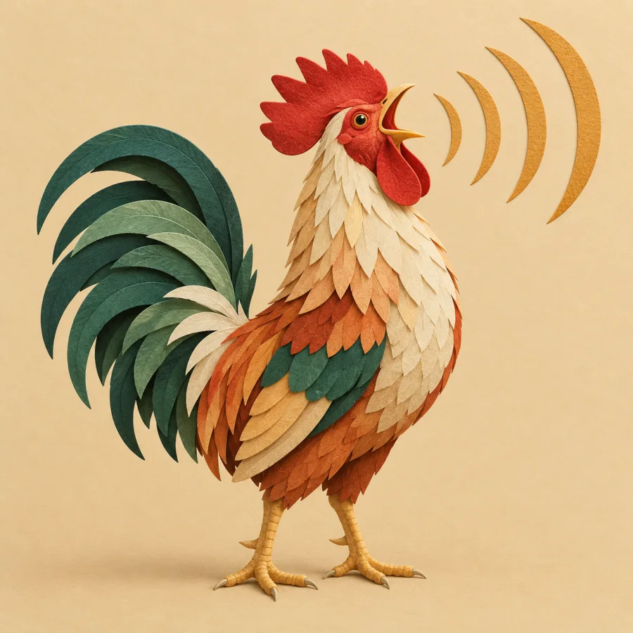 A rooster crows with its head raised, sound waves from its beak