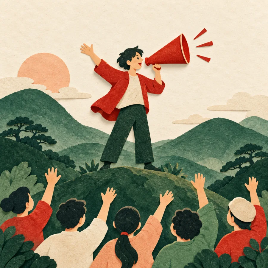 A person with a megaphone on a hill and a crowd raising hands