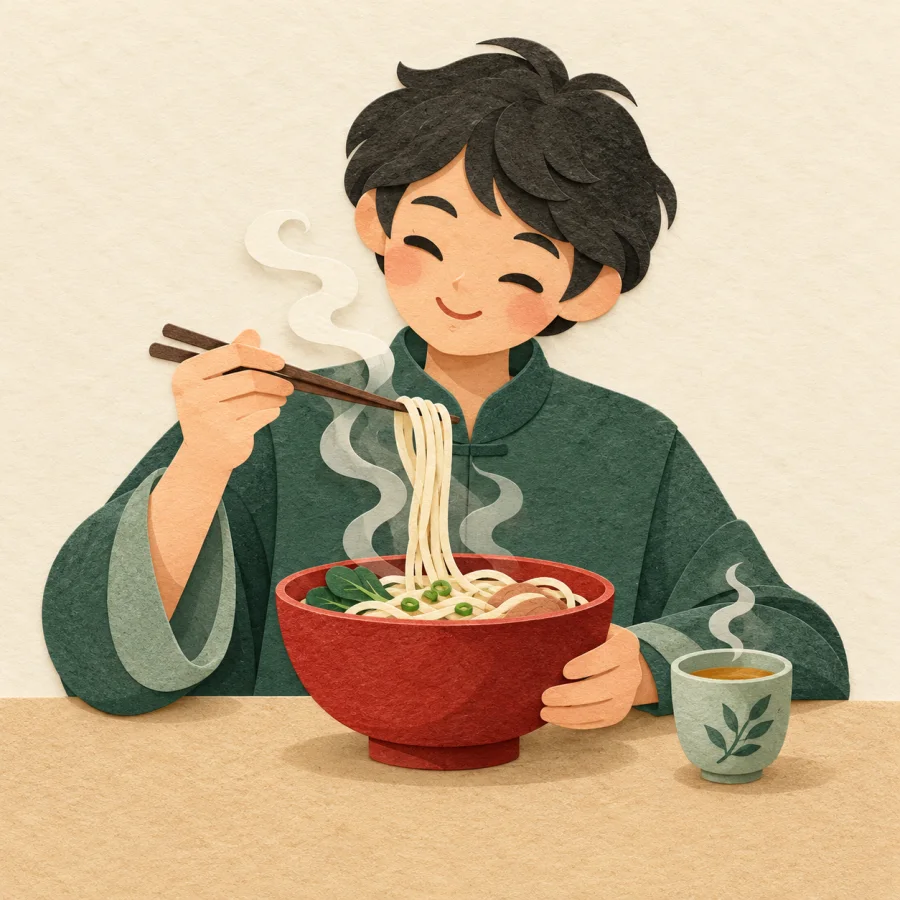 A person at a table eating noodles and drinking tea