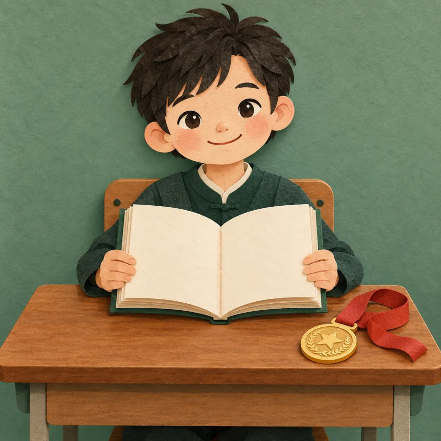 A smiling child at a school desk with a book and a ribbon