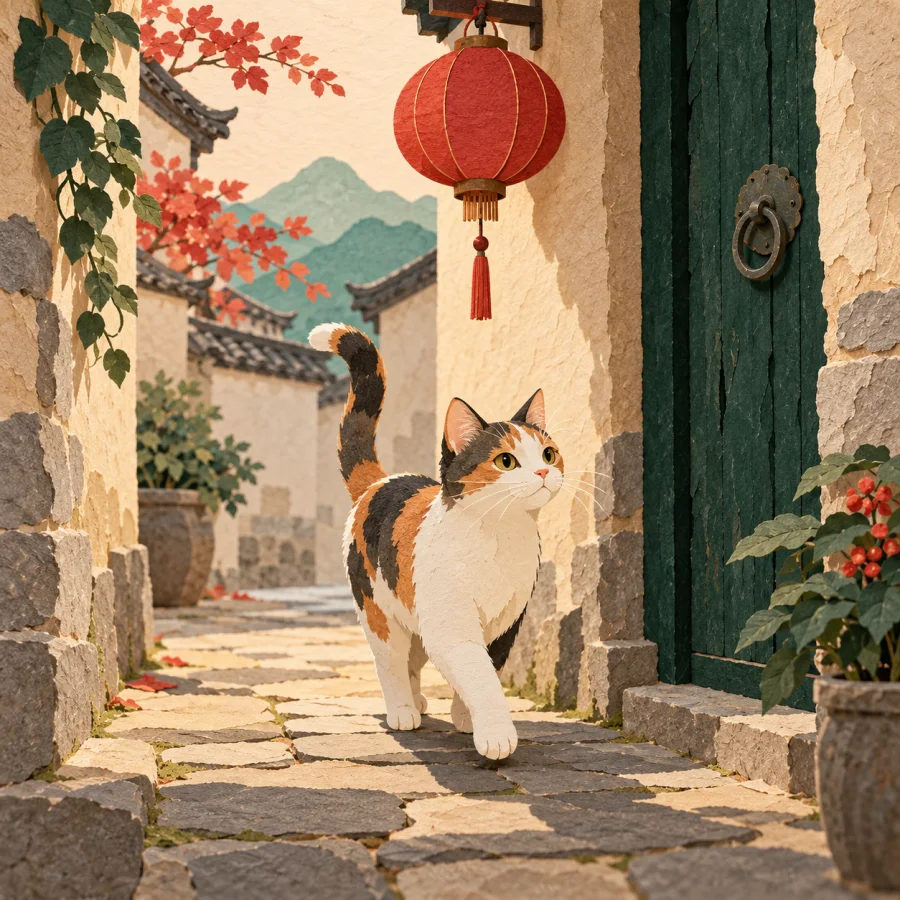 A narrow alley between old walls with a cat and a lantern