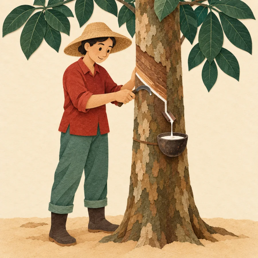 A worker collects white sap from a rubber tree into a cup
