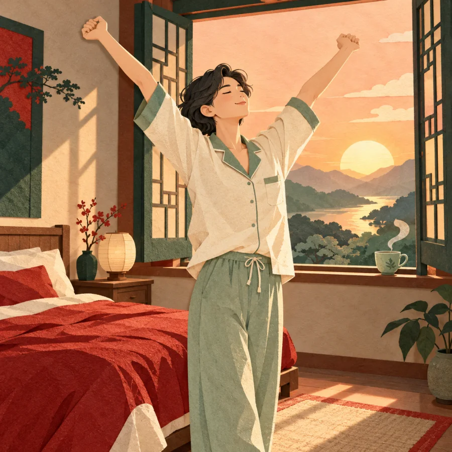 A person stretches by a window at sunrise beside a cup of tea