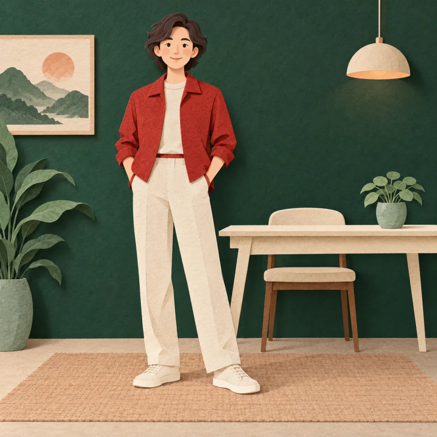 A person in a red jacket beside a tidy desk with a plant